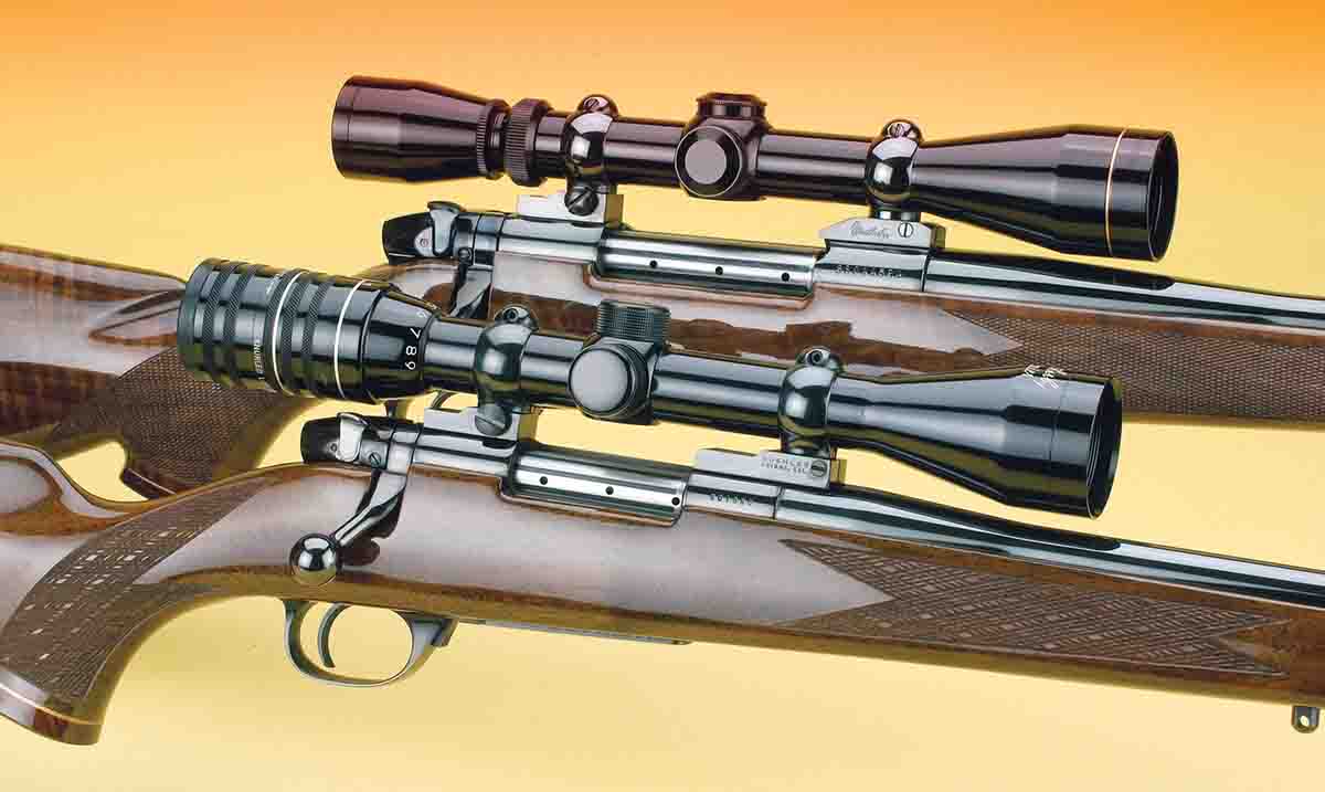 The difference in the two Weatherby action lengths is readily apparent. With its smaller action, the Varmintmaster (bottom) is a much lighter rifle to carry, especially during extended outings.